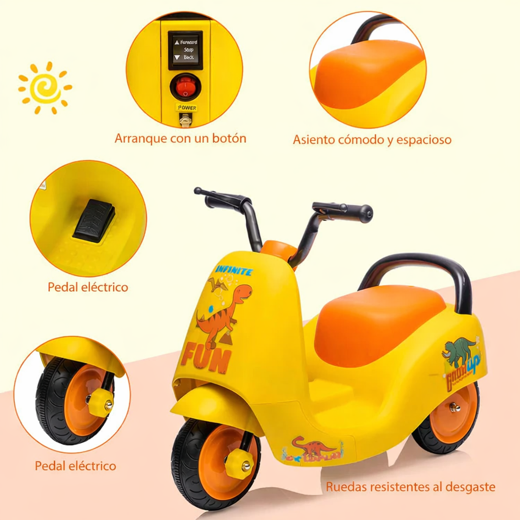 Garvee Moto Eléctrica 12V, DIY, Batería, Pedales, Triciclo, Seguro y Resistente, 3-6 años, Exterior, Amarillo