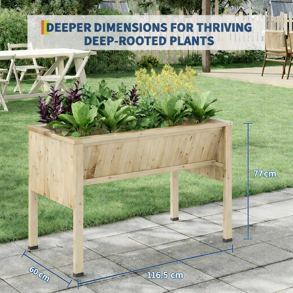 Garvee Cama de Jardín Elevada de Madera de Abeto con Ganchos para Cultivo de Plantas en Patio o Balcón 116.5x60x77cm Color Natural