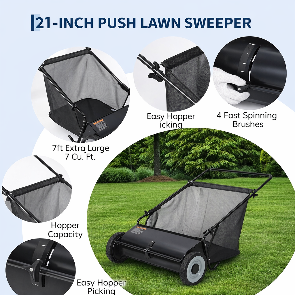 Garvee Barredora de Césped Manual 53,3 cm con Cepillos Giratorios, Capacidad 99,1 L, Ajuste de Altura, Bolsa Resistente para Jardín y Patio