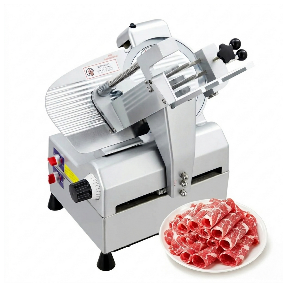 Garvee Cortafiambres Eléctrico 210 W, Cortadora de Fiambres Semiautomática con Cuchilla de Acero Cromado de 220 mm, Grosor Ajustable de 0-12 mm, Motor de Cobre para Jamón, Embutido y Carne Semi-Congelada