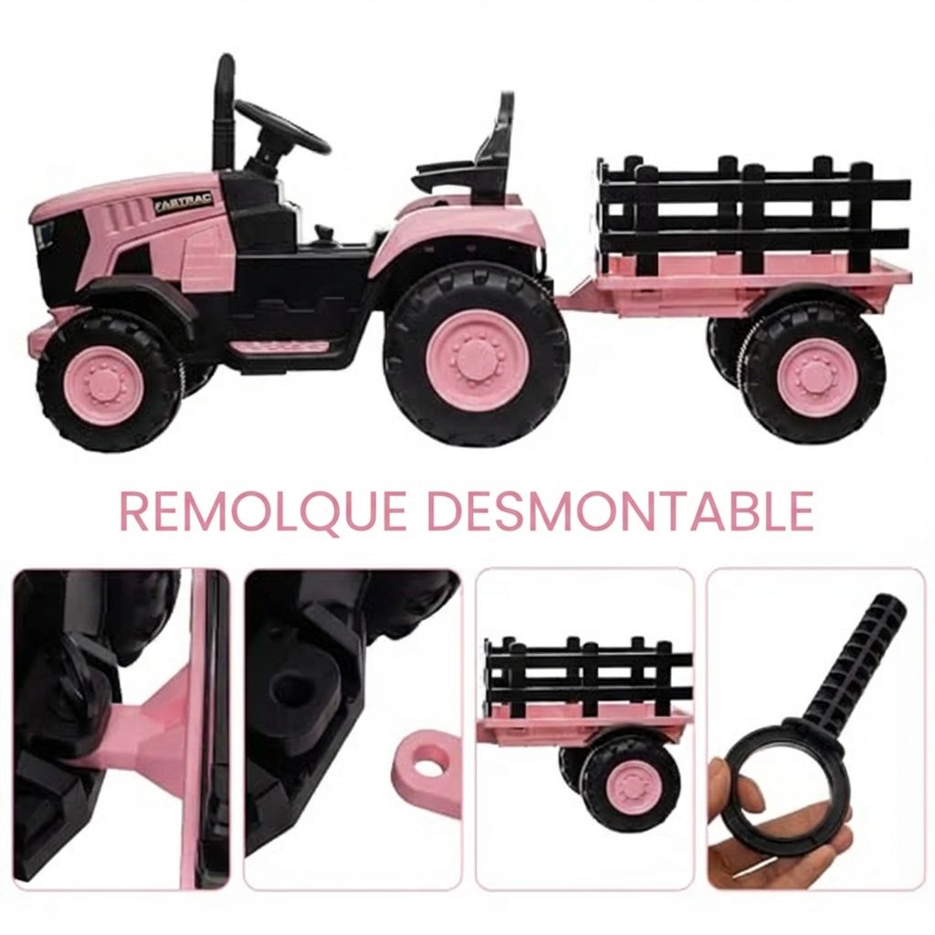 Garvee Tractor Eléctrico 12V, Remolque Amovible, Motor Doble 35W, Control Remoto, 3-6 años, Jardín, Rosa
