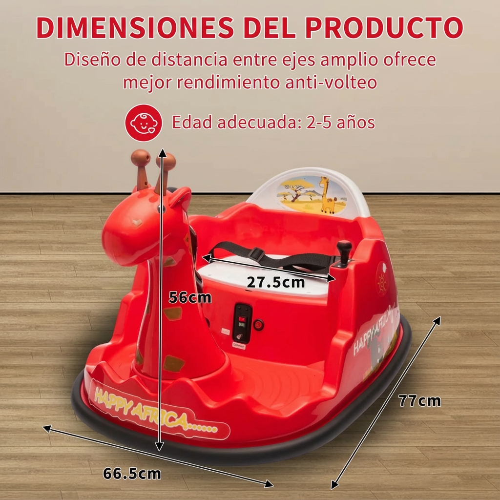 Garvee Autoscooter 6V, Rotación 360°, Luces LED, Control Remoto, Diseño de Jirafa, Cinturón de 5 puntos, Seguro y Divertido, 2-5 años, Interior y Exterior, Rojo