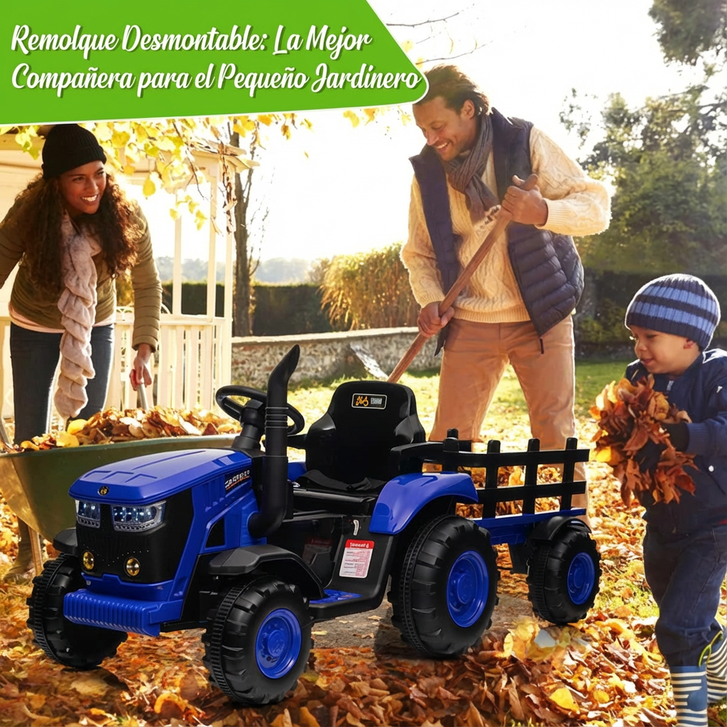 Garvee Tractor Eléctrico 12V, Remolque Desmontable, Doble Motor 35W, 3 Velocidades, Luces LED, Control Remoto, 3-6 años, Jardín, Azul
