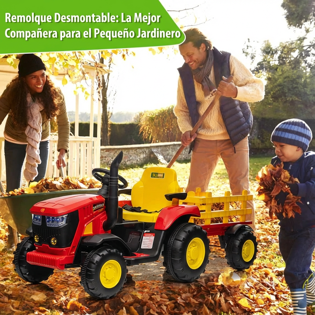 Garvee Tractor Eléctrico 12V, Remolque Desmontable, Doble Motor 35W, Bluetooth, 3 Velocidades, Luces LED, Control Remoto, 3-6 años, Jardín y Patio, Rojo