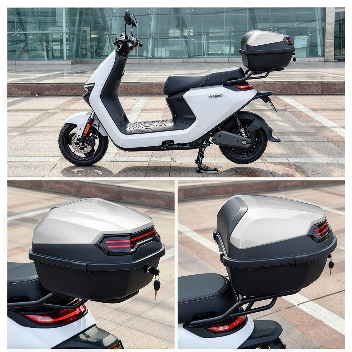 Garvee Caja Trasera Universal para e-Scooter y Moto, ABS+PP Reforzado, Gran Capacidad, Impermeable, Fácil Montaje, Compatible con Aima, Yadea, Tailg y Lvyuan, Plateado Blanco