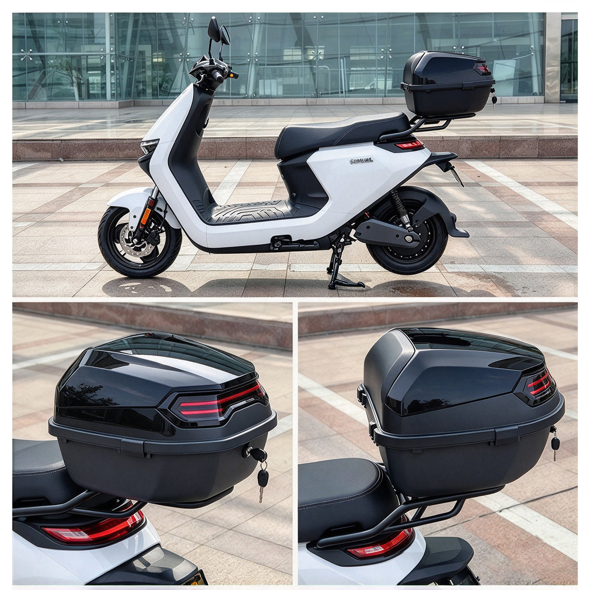 Garvee Baúl Trasero para Moto y Scooter Eléctrico, ABS+PP Reforzado, Capacidad Grande, Soporte Universal con Cerradura, Impermeable y Antipolvo, 39 x 39 x 29 cm, Negro