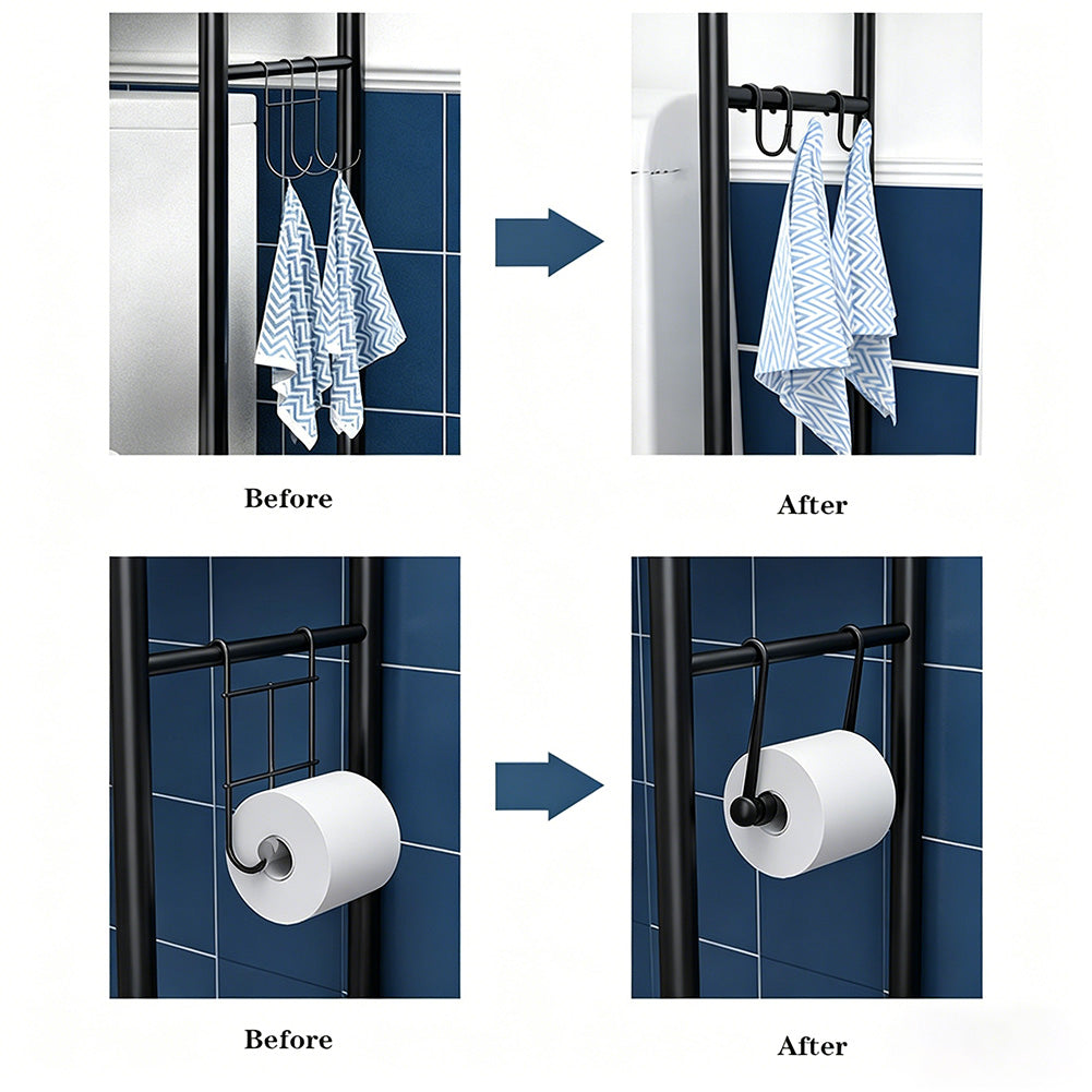 Garvee Estantería sobre Inodoro de 3 Niveles, Organizador de Baño de Metal con Ganchos y Portarrollos, Estante de Almacenamiento Vertical Sin Taladrar, Ahorro de Espacio (Negro)
