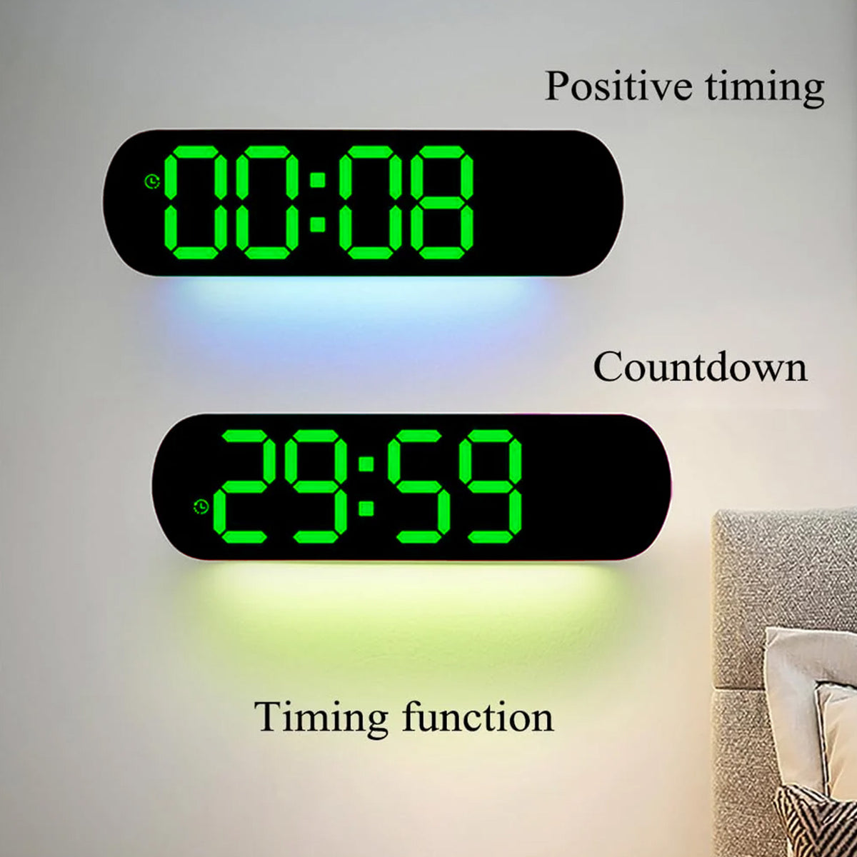 Garvee Reloj Digital LED de Pared 35 cm Pantalla Grande Brillo Ajustable 10 Niveles Memoria y Doble Alarma USB Verde para Cocina Salón Dormitorio y Oficina