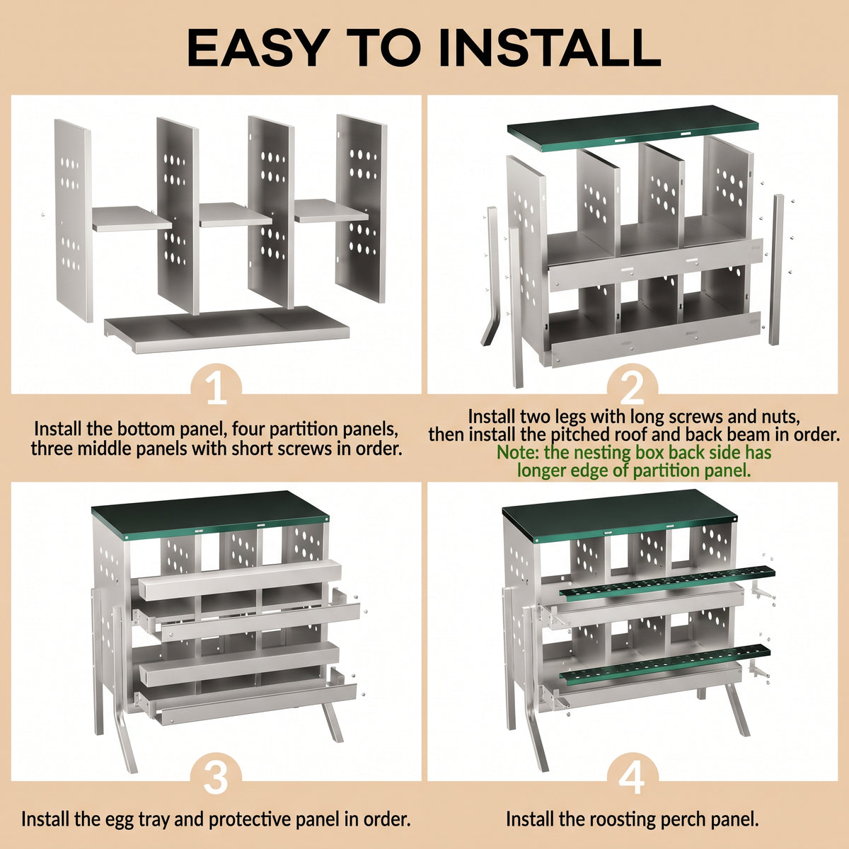 Garvee Caja de Anidación para Gallinas 2 Capas 6 Compartimentos con Patas, Acero Galvanizado, Con 6 Huevos Falsos, Bandeja Recogedora Gallineros, Verde Oscuro
