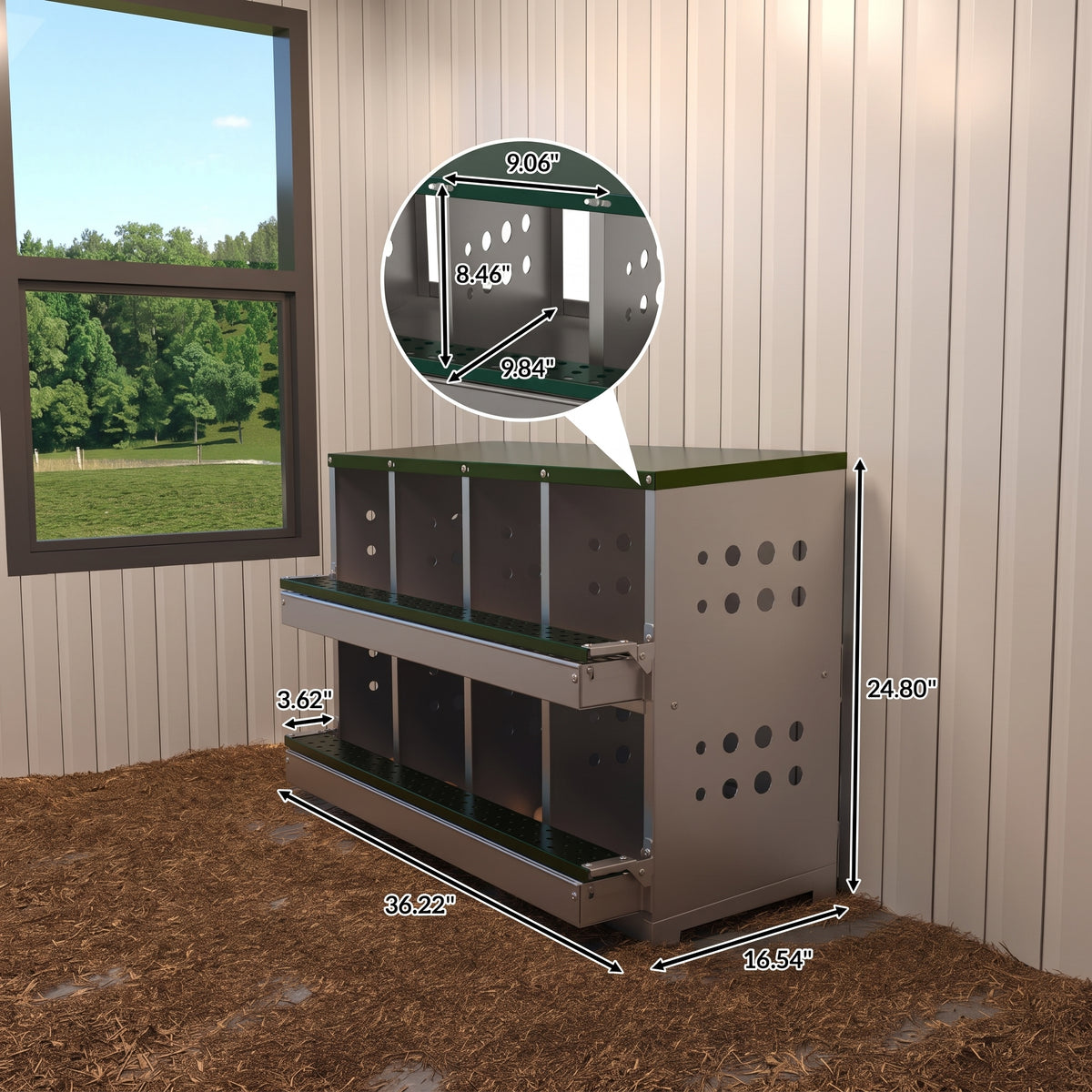 Garvee Caja de Anidación para Gallinas 2 Capas 8 Compartimentos, Acero Galvanizado, Con 8 Huevos Falsos, Fácil Limpieza, Montaje en Pared Gallineros, Verde Oscuro