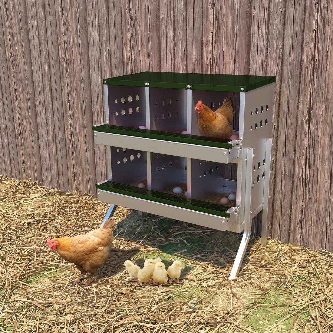 Garvee Caja de Anidación para Gallinas 2 Capas 6 Compartimentos con Patas, Acero Galvanizado, Con 6 Huevos Falsos, Bandeja Recogedora Gallineros, Verde Oscuro