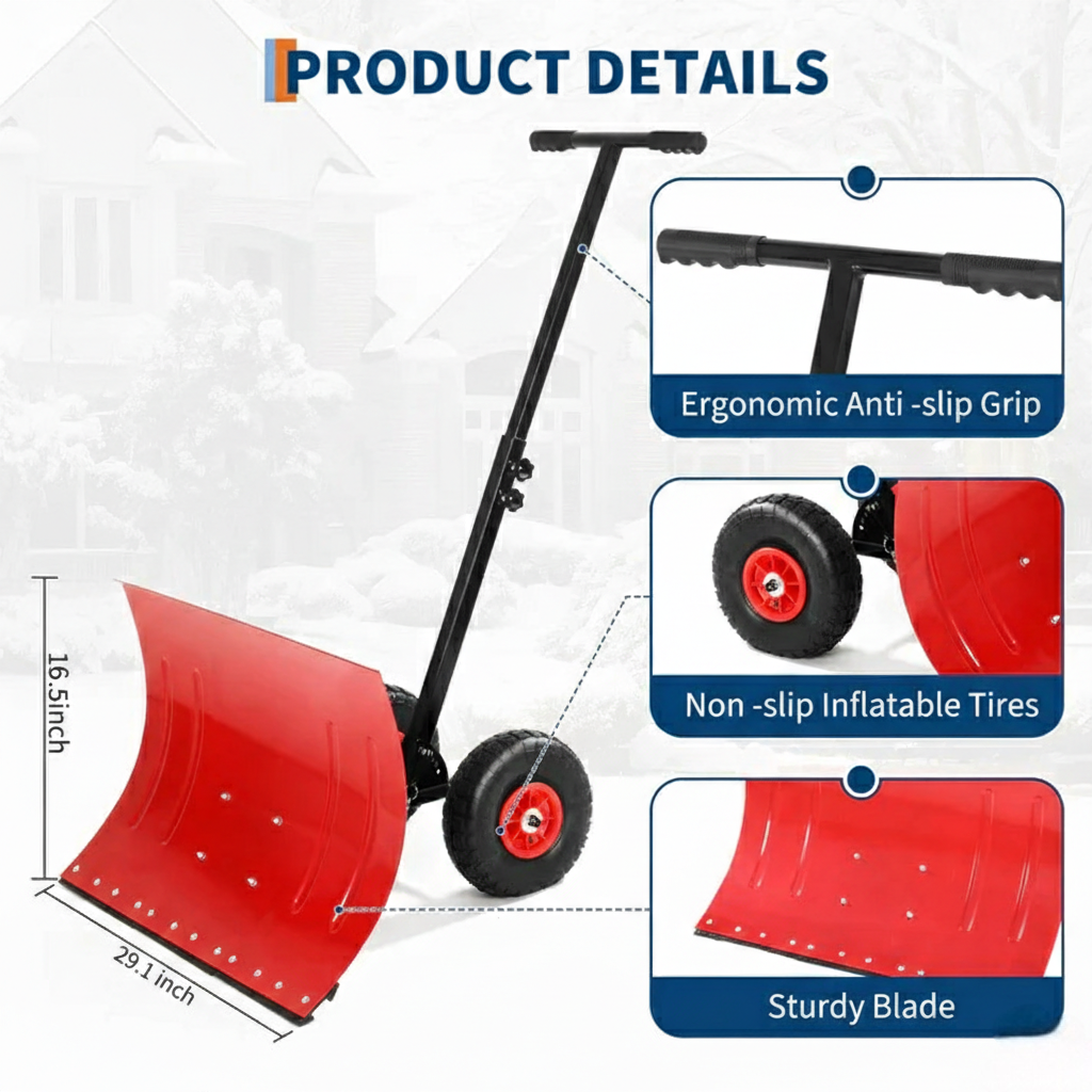 Garvee Pala De Nieve Con Ruedas, Pusher Resistente Para Nieve Pesada, 74x42 cm, Material Duradero, Fácil Manejo
