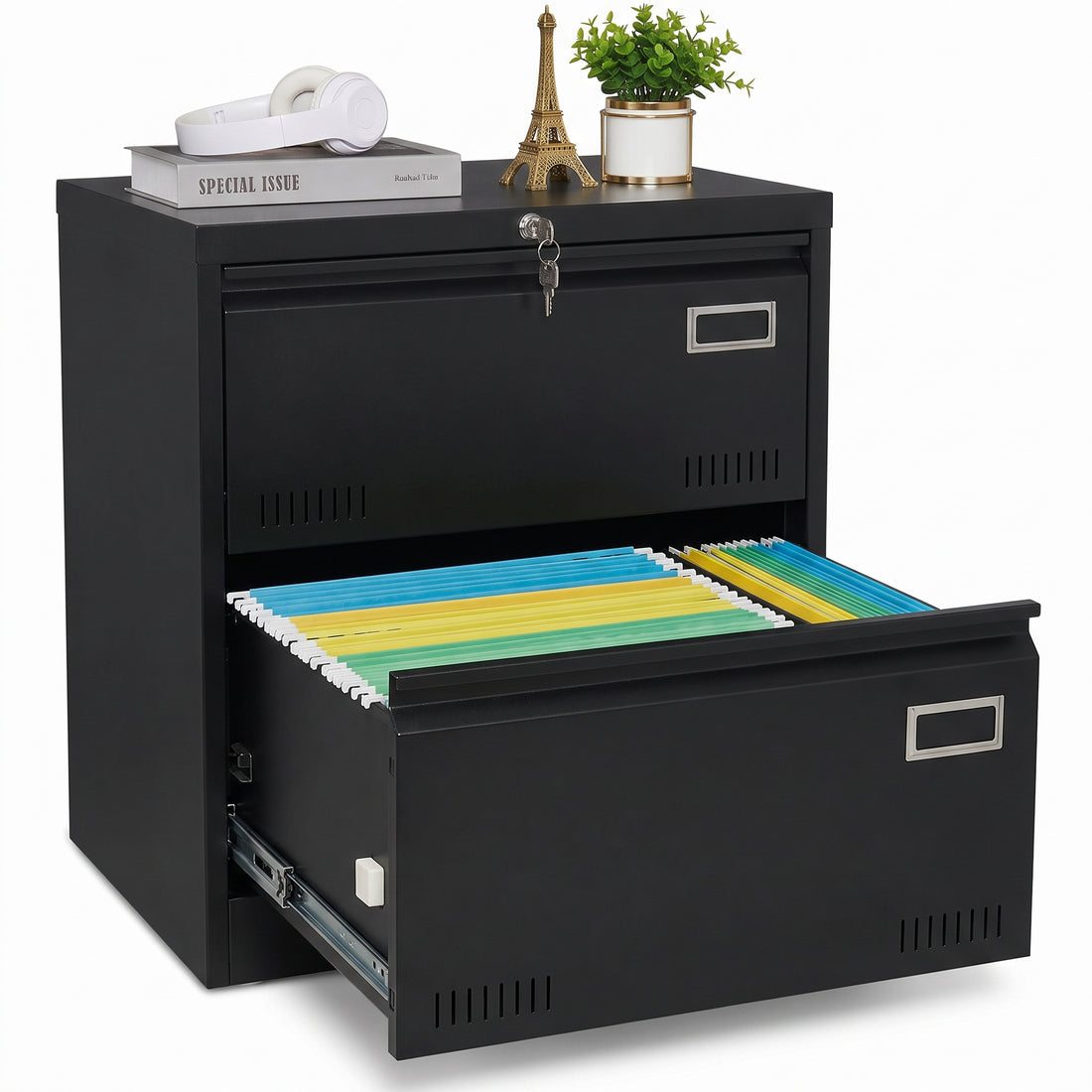 Garvee Archivador De Acero Al Carbono Ancho Con Gran Capacidad Para Oficina, Diseño Resistente, Cajón Amplio, Almacenamiento Seguro, Color Negro