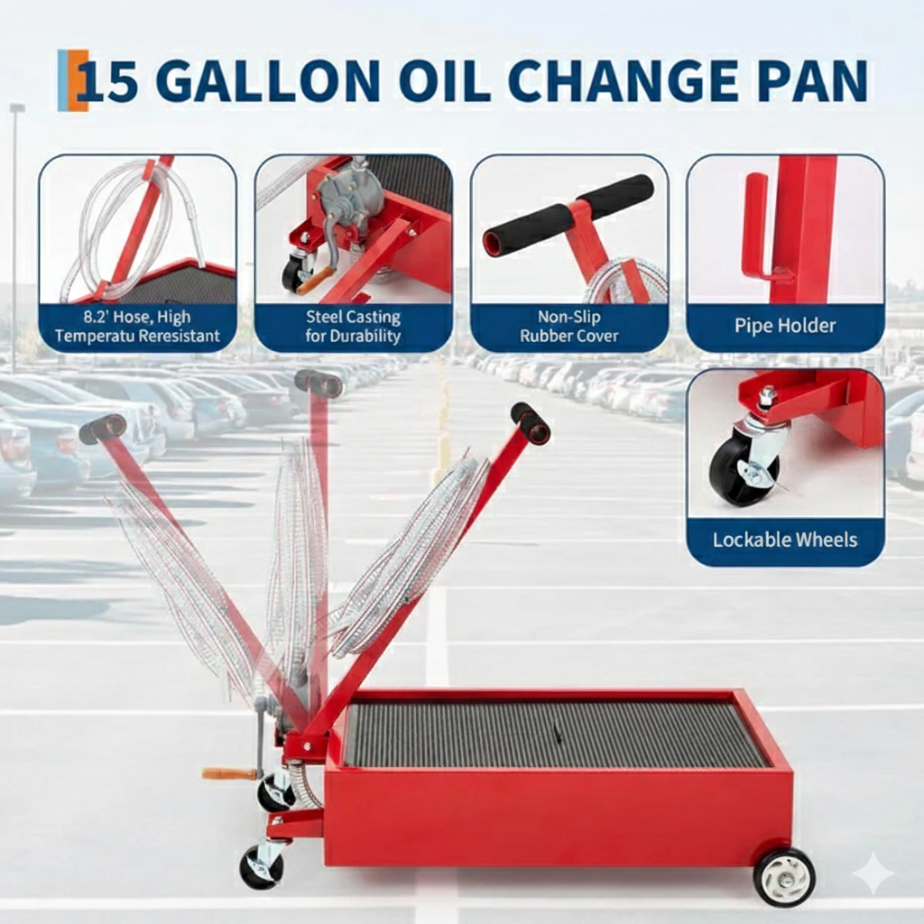 Garvee Bandeja de Drenaje de Aceite de Acero 57L, Bajo Perfil con Bomba Manual, Ruedas Giratorias y Tapa Antisalpicaduras, Manguera de 243.84cm y Asa Plegable, para Autos y Camiones, Rojo