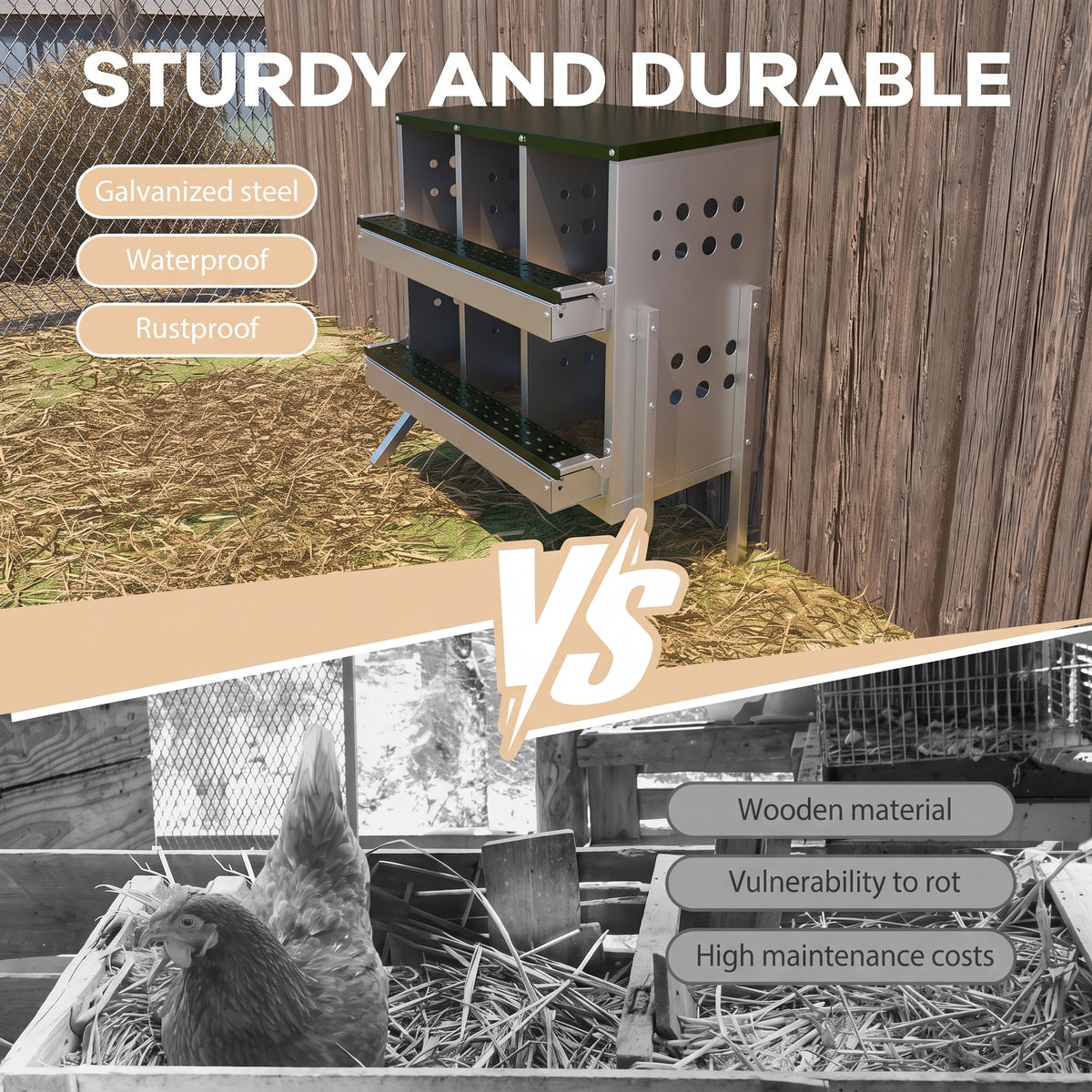 Garvee Caja de Anidación para Gallinas 2 Capas 6 Compartimentos con Patas, Acero Galvanizado, Con 6 Huevos Falsos, Bandeja Recogedora Gallineros, Verde Oscuro