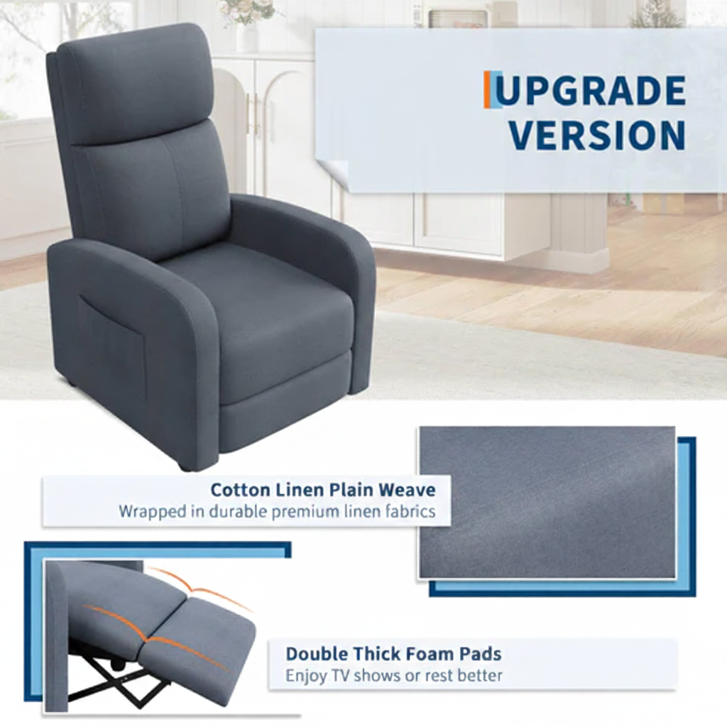 Garvee Sillón Reclinable Ergonómico de Lino, 48cm Ancho de Asiento, 52cm Profundidad, 8.5cm Brazos, Con Cintas Laterales, Gris Oscuro, para Sala de Estar