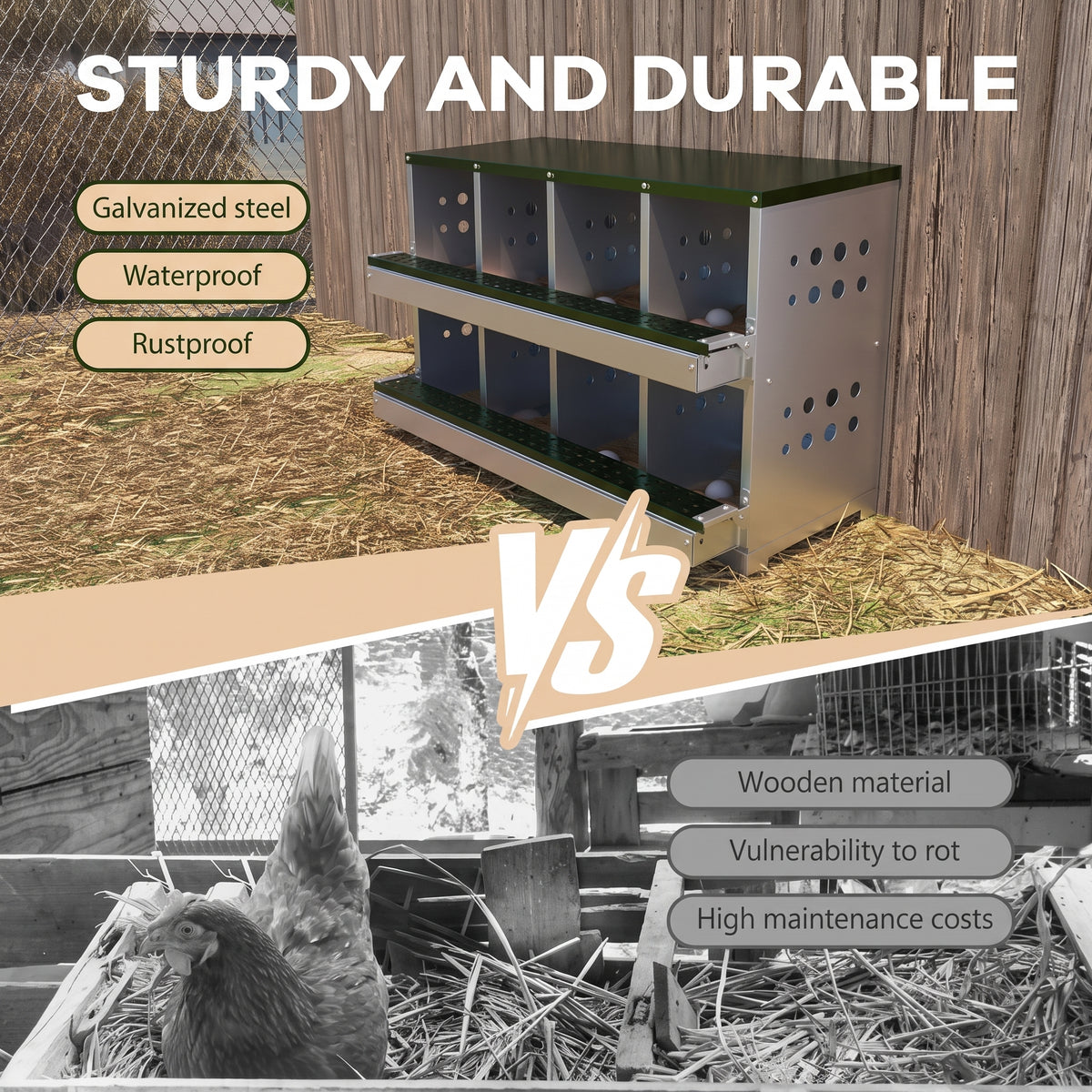 Garvee Caja de Anidación para Gallinas 2 Capas 8 Compartimentos, Acero Galvanizado, Con 8 Huevos Falsos, Fácil Limpieza, Montaje en Pared Gallineros, Verde Oscuro