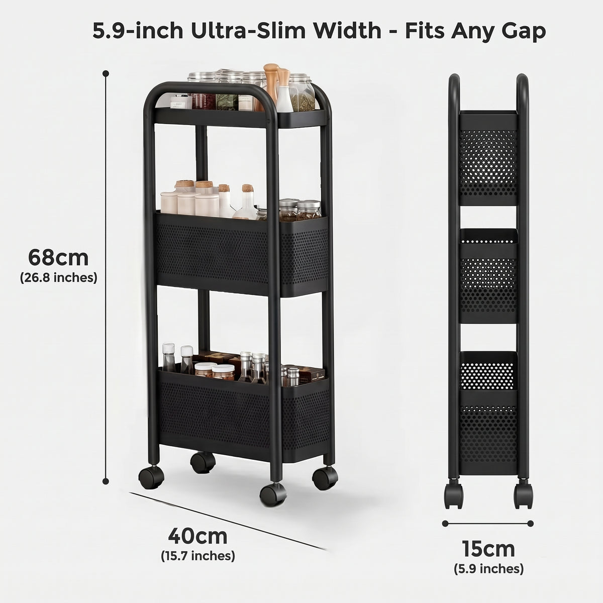 Garvee Carrito Organizador Estrecho de 15 cm – Estantería Delgada de Metal con 3 Niveles y Ruedas con Freno para Cocina y Baño (Negro)