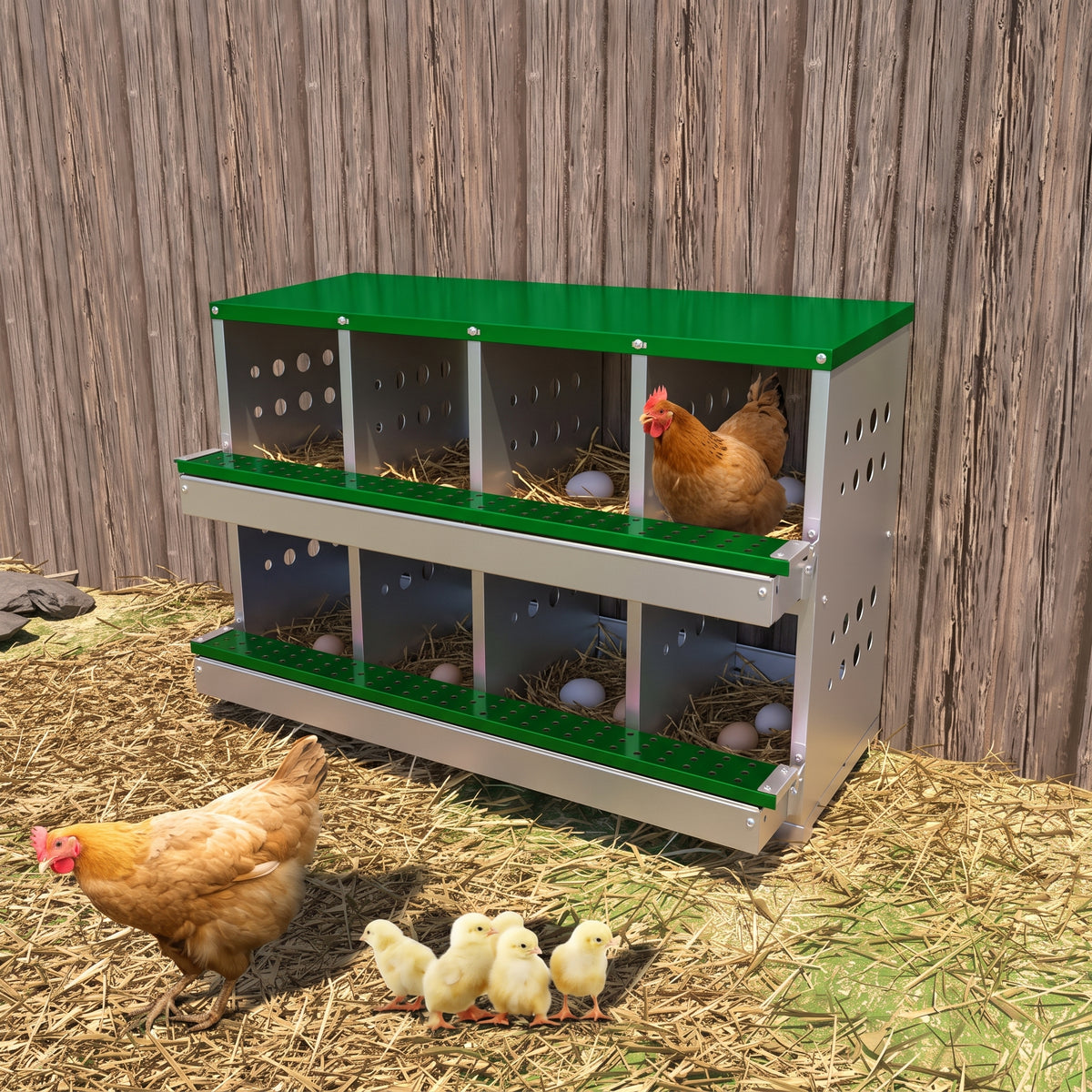 Garvee Caja de Anidación para Gallinas 2 Capas 8 Compartimentos, Acero Galvanizado, Con 8 Huevos Falsos, Fácil Limpieza, Montaje en Pared Gallineros, Verde Oscuro