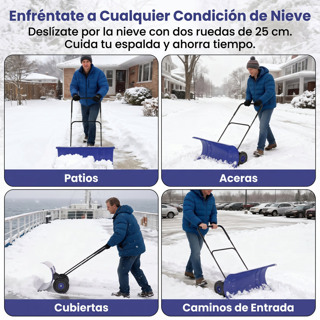 Garvee Pala Quitanieves con Ruedas de 74 cm Hoja de Acero al Carbono Doble Mango Ajustable e Inclinación Orientable para Entradas de Vehículos Aceras y Garaje Azul y Negro