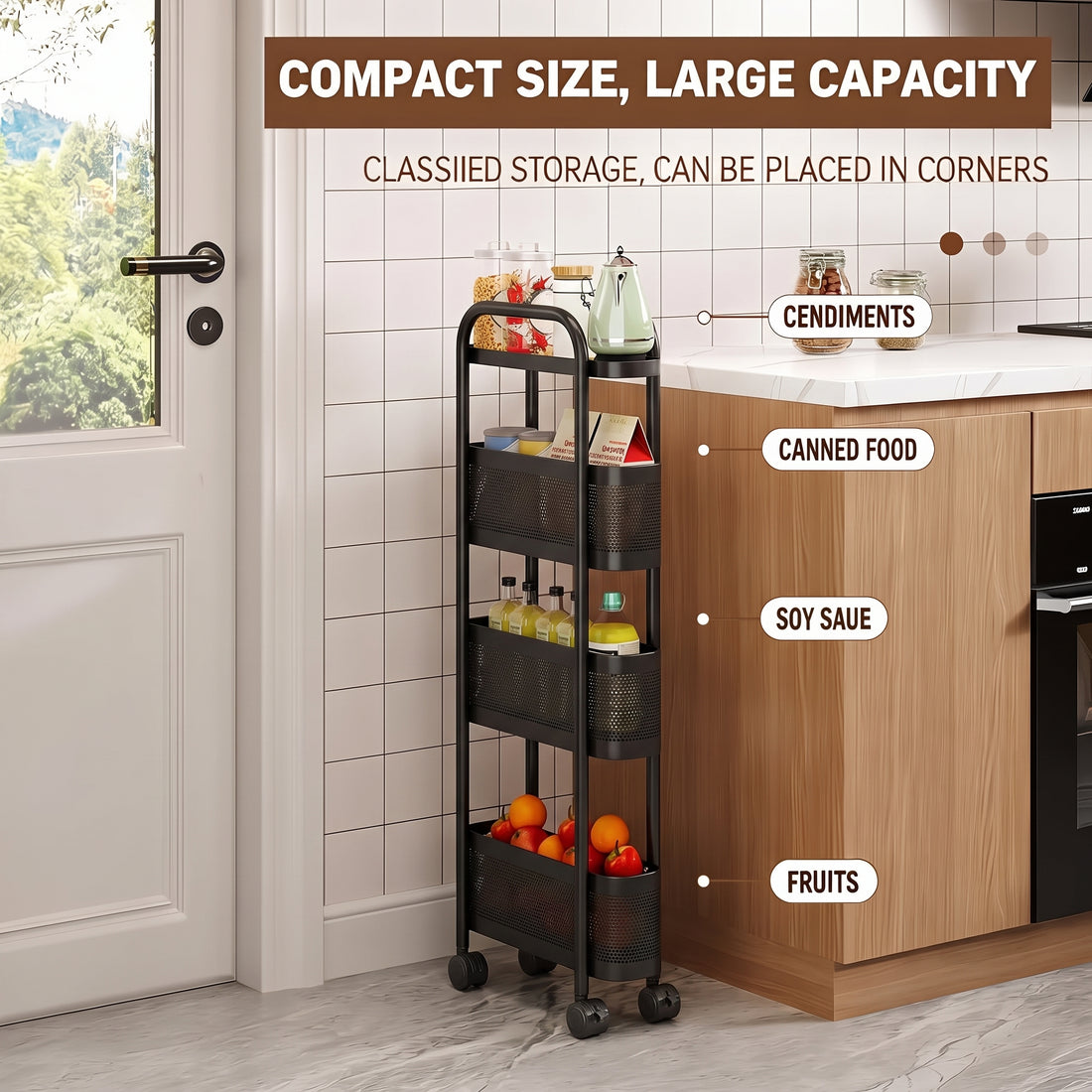Garvee Carrito Organizador Estrecho de 12 cm – Estantería Delgada de Metal con 4 Niveles y Ruedas Giratorias para Cocina, Baño y Huecos (Negro)