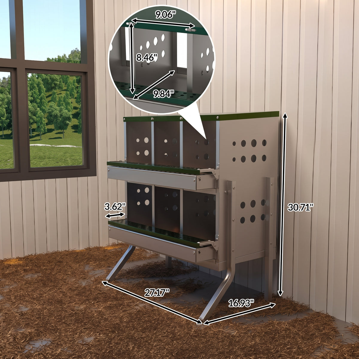 Garvee Caja de Anidación para Gallinas 2 Capas 6 Compartimentos con Patas, Acero Galvanizado, Con 6 Huevos Falsos, Bandeja Recogedora Gallineros, Verde Oscuro