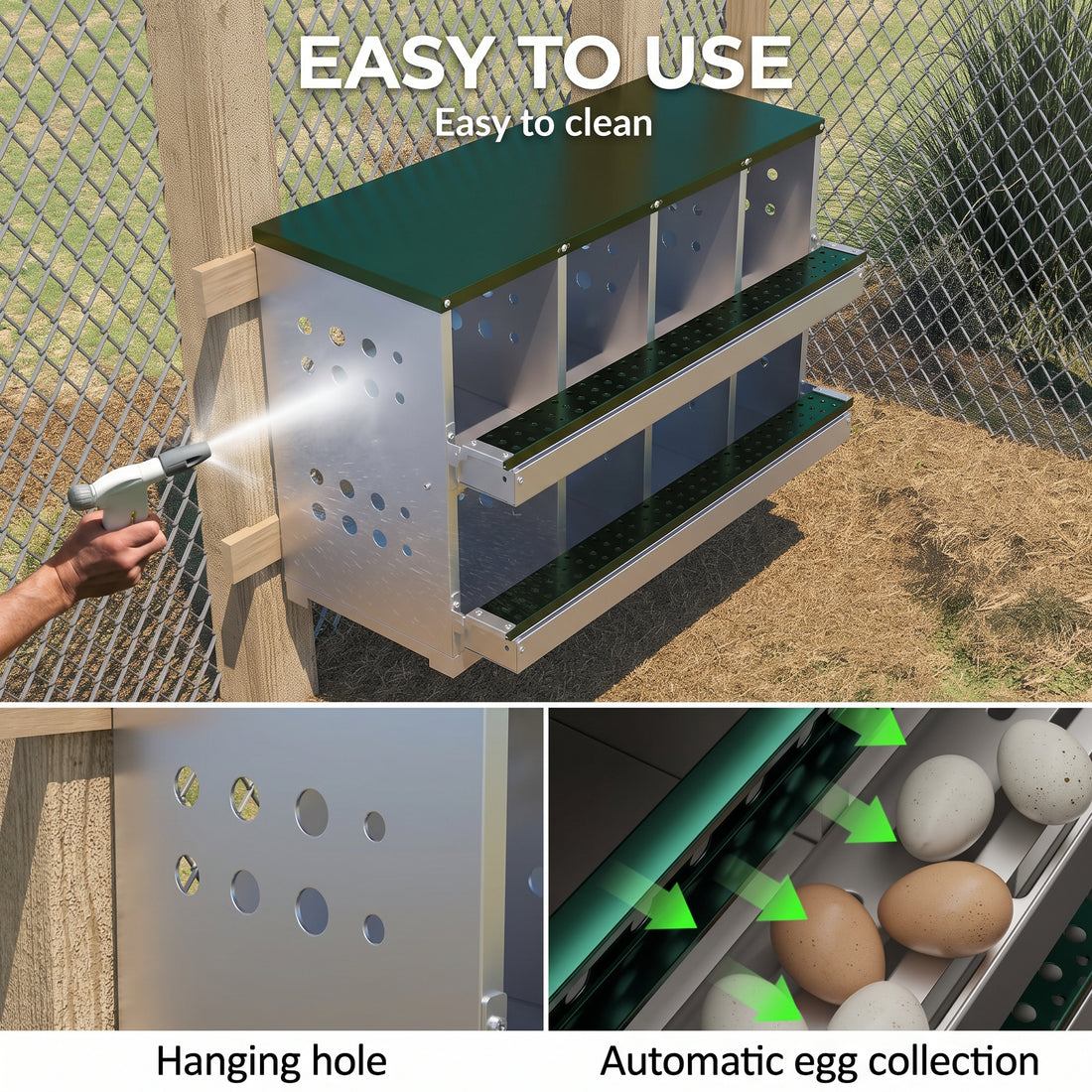Garvee Caja de Anidación para Gallinas 2 Capas 8 Compartimentos, Acero Galvanizado, Con 8 Huevos Falsos, Fácil Limpieza, Montaje en Pared Gallineros, Verde Oscuro