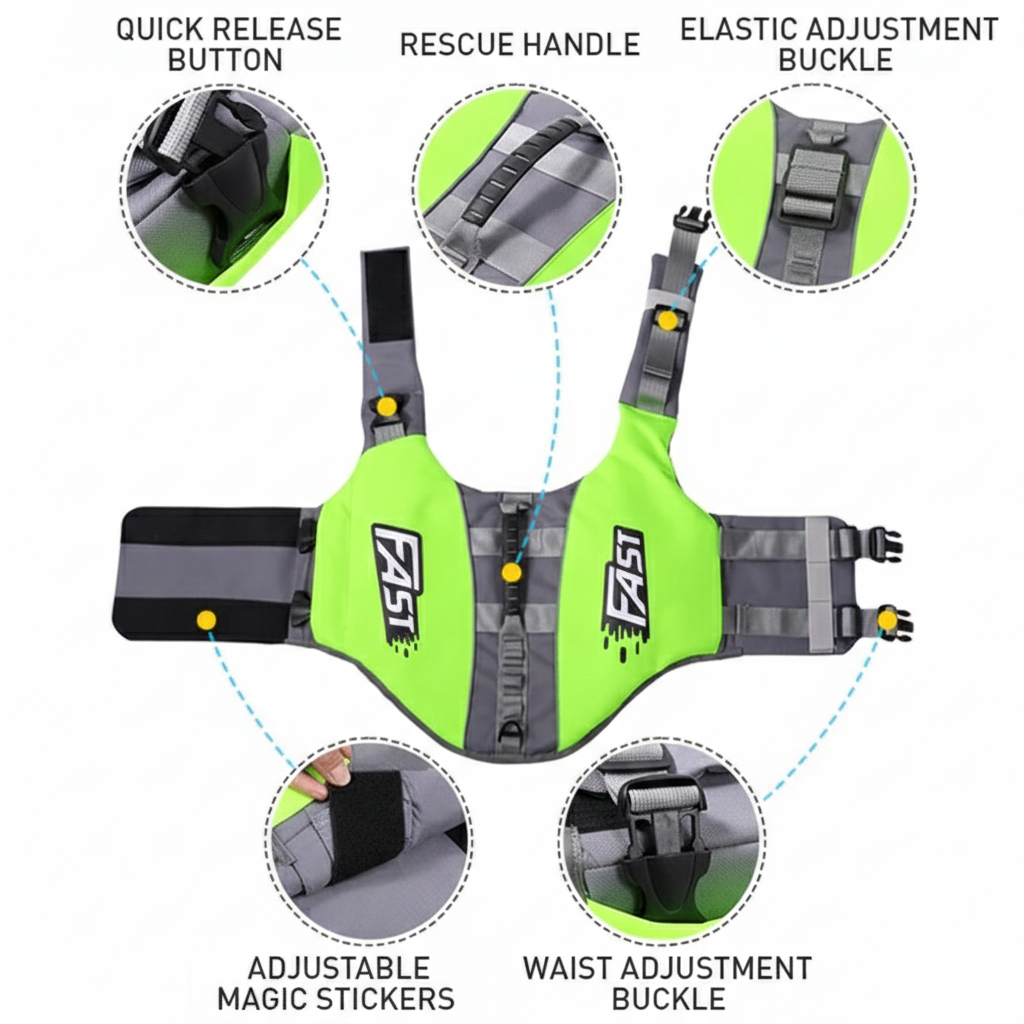 Garvee Chaleco Salvavidas para Perros Talla XL, Nylon Ripstop con Asa y Tiras Reflectantes, Ajustable Alta Flotación, para Deportes Acuáticos, Verde Fluorescente