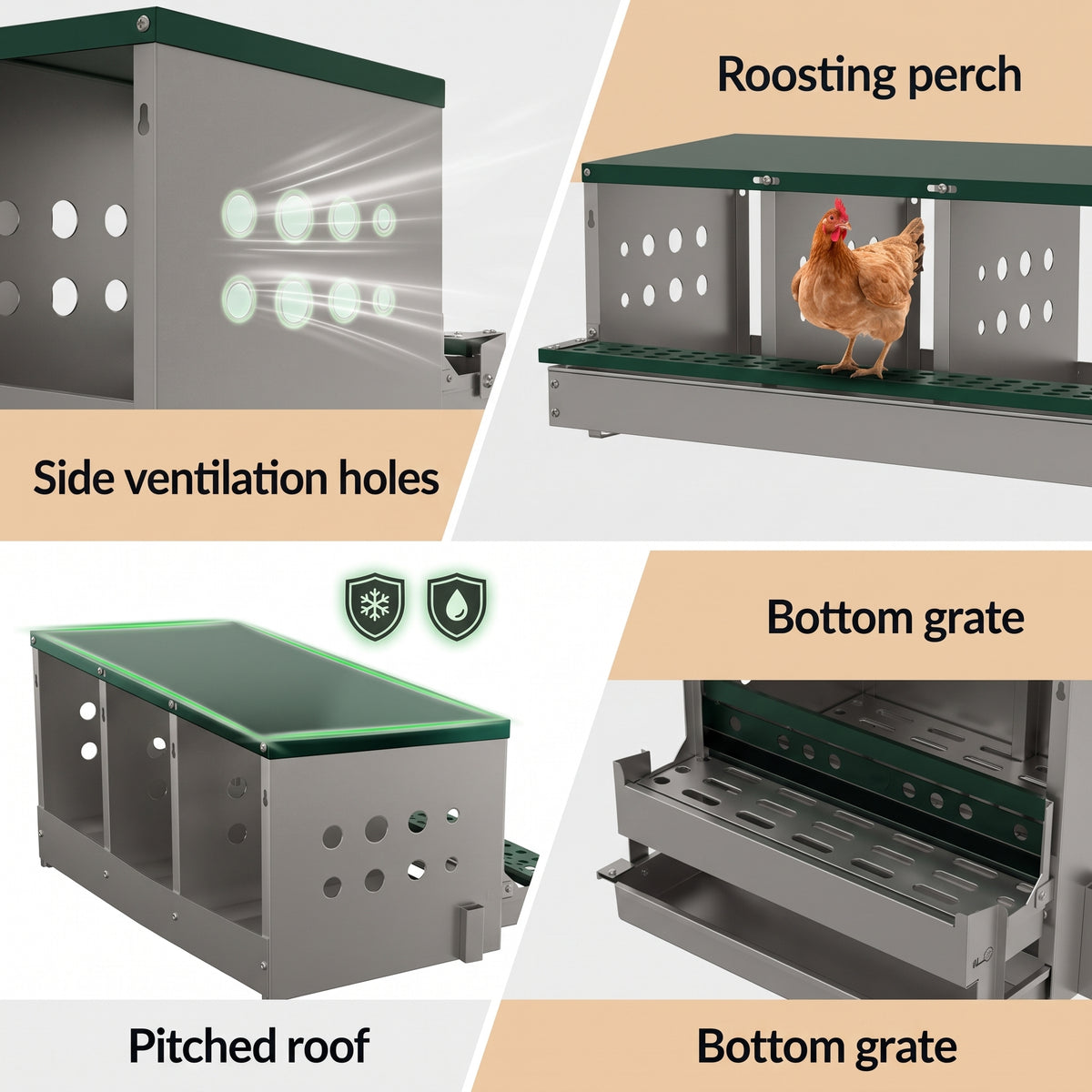 Garvee Caja de Anidación para Gallinas 2 Capas 8 Compartimentos, Acero Galvanizado, Con 8 Huevos Falsos, Fácil Limpieza, Montaje en Pared Gallineros, Verde Oscuro