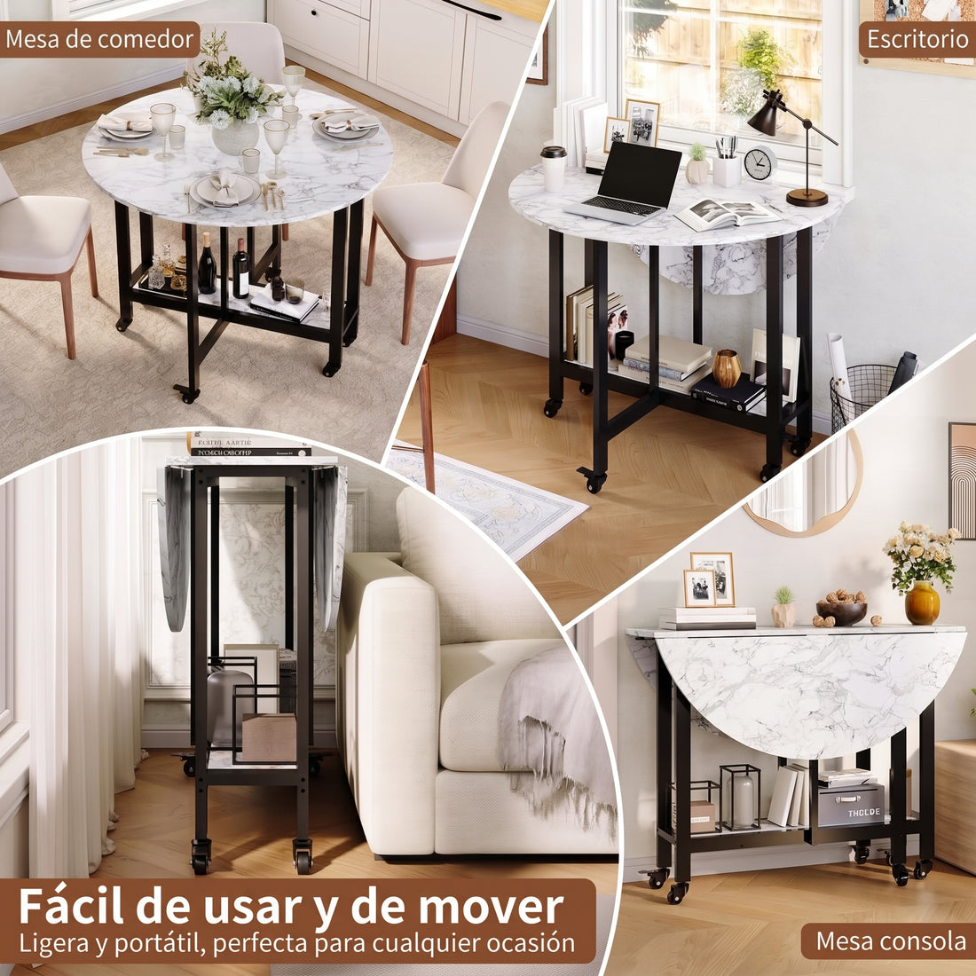 Garvee Mesa de Comedor Redonda y Plegable de 100 cm para Cocina y Salón - Estructura de Acero, Fácil Movilidad (Efecto Mármol Gris)