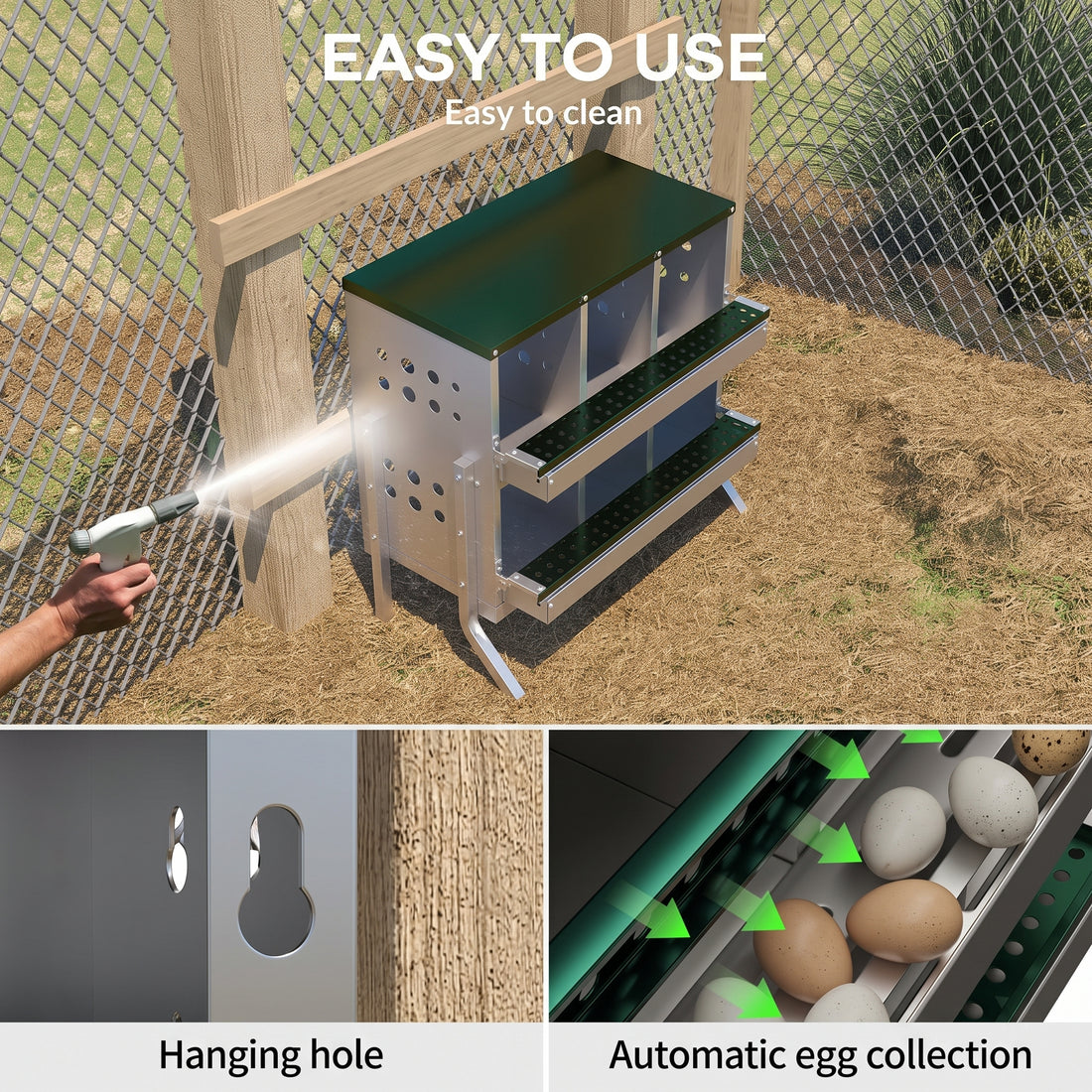 Garvee Caja de Anidación para Gallinas 2 Capas 6 Compartimentos con Patas, Acero Galvanizado, Con 6 Huevos Falsos, Bandeja Recogedora Gallineros, Verde Oscuro