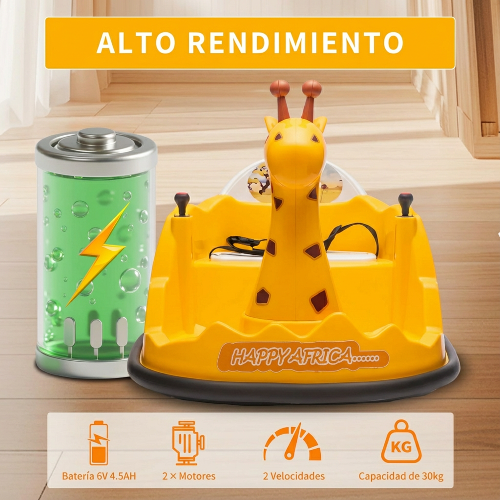 Garvee Autoscooter 6V, Rotación 360°, Luces LED, Control Remoto, Diseño Jirafa, Seguridad 5 Puntos, Batería, 2-5 años, Interior y Exterior, Amarillo