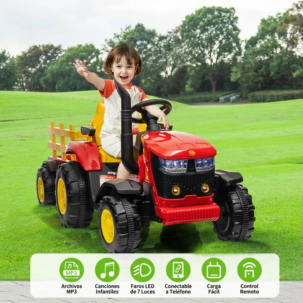 Garvee Tractor Eléctrico 12V, Remolque Desmontable, Doble Motor 35W, Bluetooth, 3 Velocidades, Luces LED, Control Remoto, 3-6 años, Jardín y Patio, Rojo