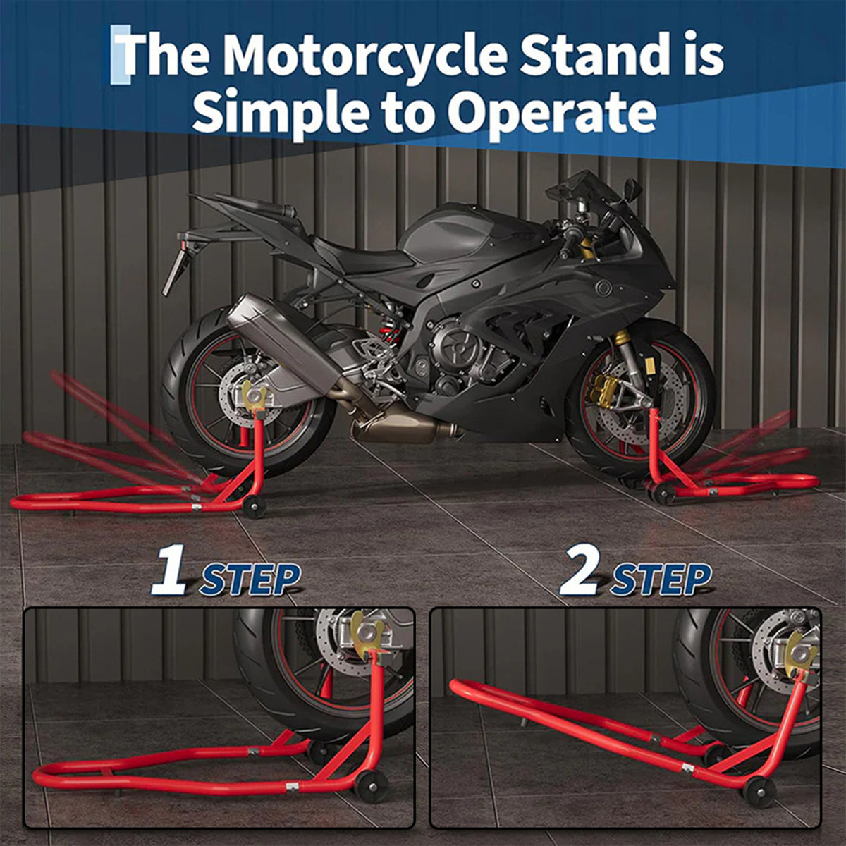 Garvee Soporte para Rueda Trasera de Motocicleta, Capacidad de 204 kg, Acero Reforzado con Horquillas en U y L, Base Antideslizante para Taller con Guantes, Rojo