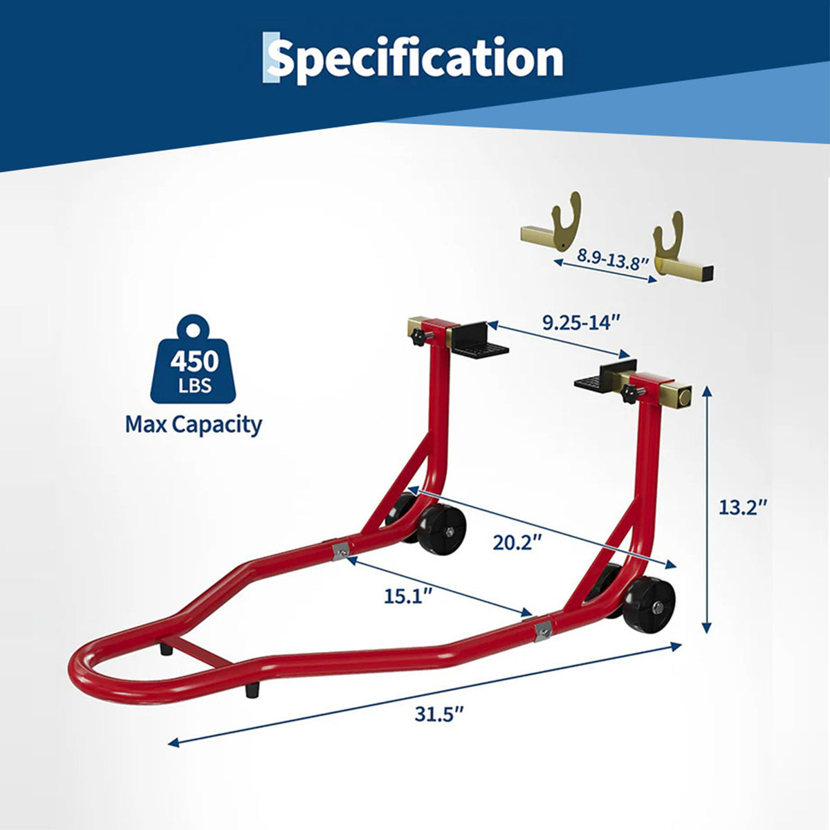 Garvee Soporte para Rueda Trasera de Motocicleta, Capacidad de 204 kg, Acero Reforzado con Horquillas en U y L, Base Antideslizante para Taller con Guantes, Rojo