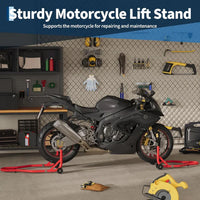 Garvee Soporte para Rueda Trasera de Motocicleta, Capacidad de 204 kg, Acero Reforzado con Horquillas en U y L, Base Antideslizante para Taller con Guantes, Rojo
