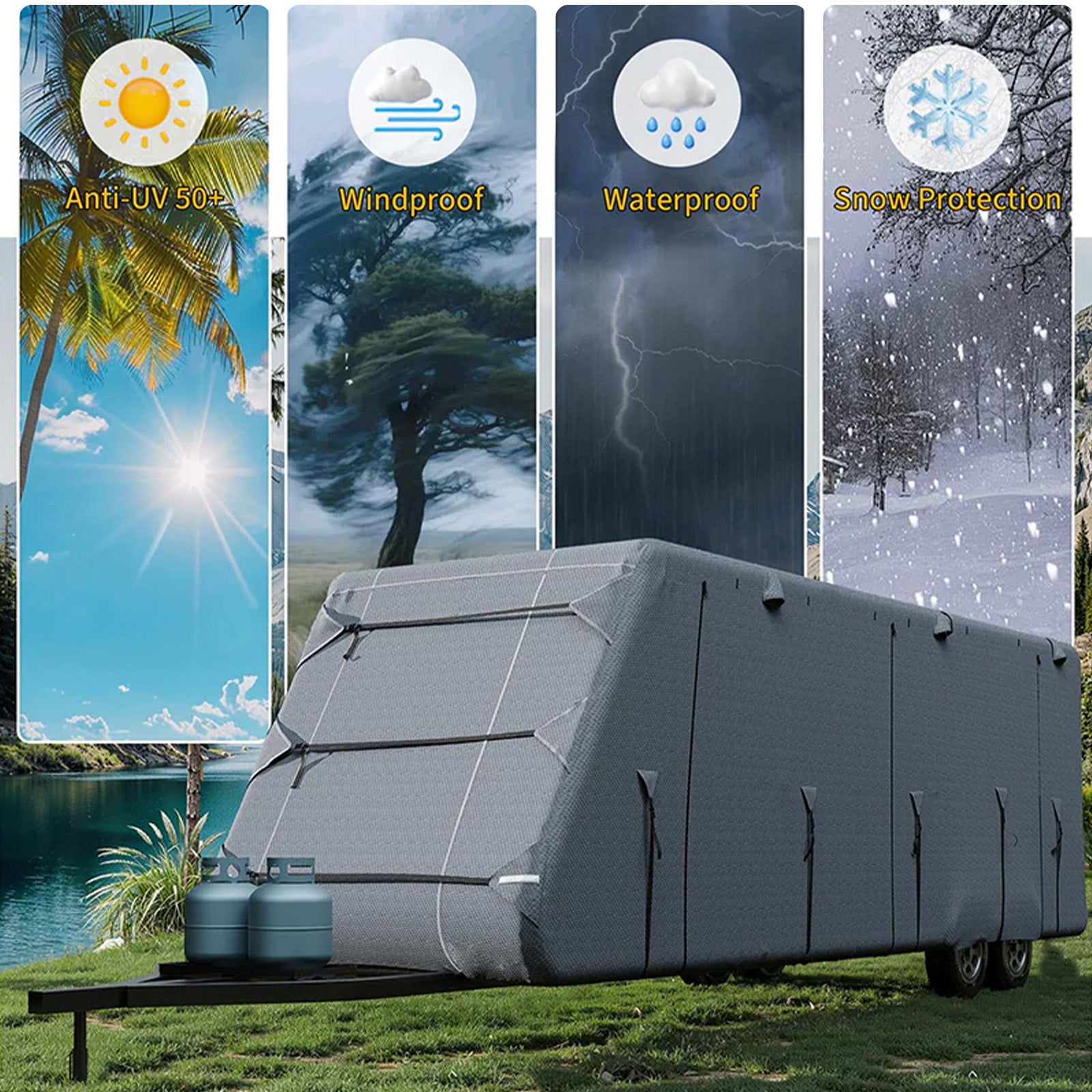 Garvee Protector Exterior para Autocaravana 914–1006 cm, Lona de 7 Capas Anti-UV y Resistente al Agua con Sistema Antiviento, Ventilación Antihumedad y Cremalleras