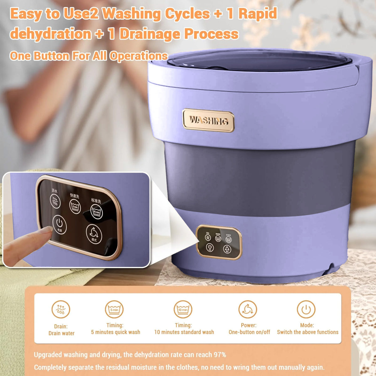 Garvee Mini Lavadora Plegable de 12 L con Función de Centrifugado, Lavadora Portátil y Silenciosa para Ropa Interior y Bebé, Enchufe Europeo para Hogar y Camping, Violeta Claro