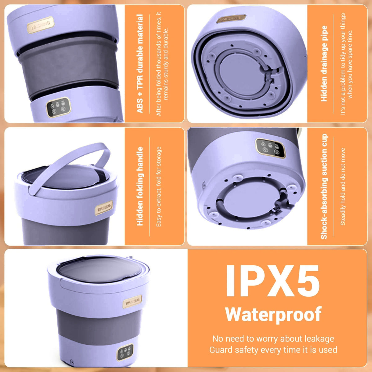 Garvee Mini Lavadora Plegable de 12 L con Función de Centrifugado, Lavadora Portátil y Silenciosa para Ropa Interior y Bebé, Enchufe Europeo para Hogar y Camping, Violeta Claro