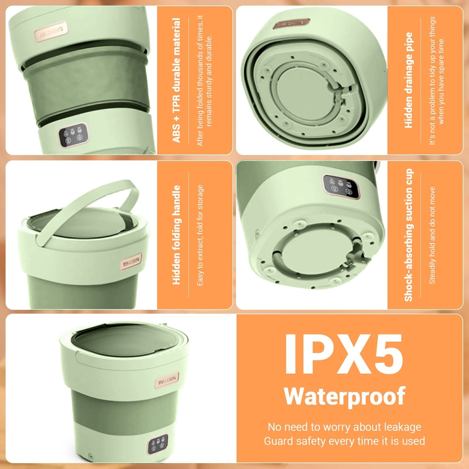 Garvee Mini Lavadora Plegable de 12 L con Secadora Spin, Lavadora Portátil Compacta y Silenciosa para Ropa Interior y Bebé, ABS Duradero para Camping y Apartamentos, Verde Claro