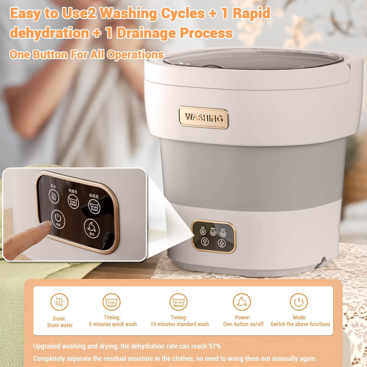 Garvee Mini Lavadora Portátil Plegable de 12L, Lavadora y Centrifugadora 2 en 1 con 3 Modos de Limpieza, Ultra Silenciosa 45dB Gris y Blanco