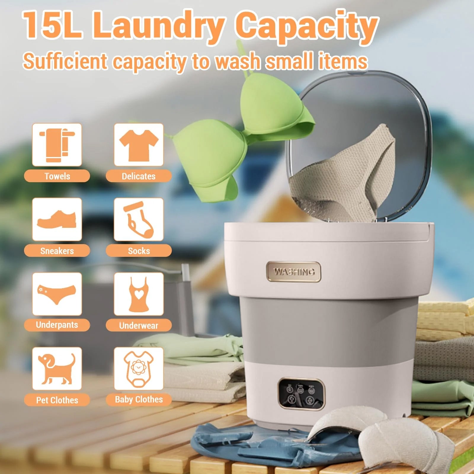 Garvee Mini Lavadora Portátil Plegable de 12L, Lavadora y Centrifugadora 2 en 1 con 3 Modos de Limpieza, Ultra Silenciosa 45dB Gris y Blanco