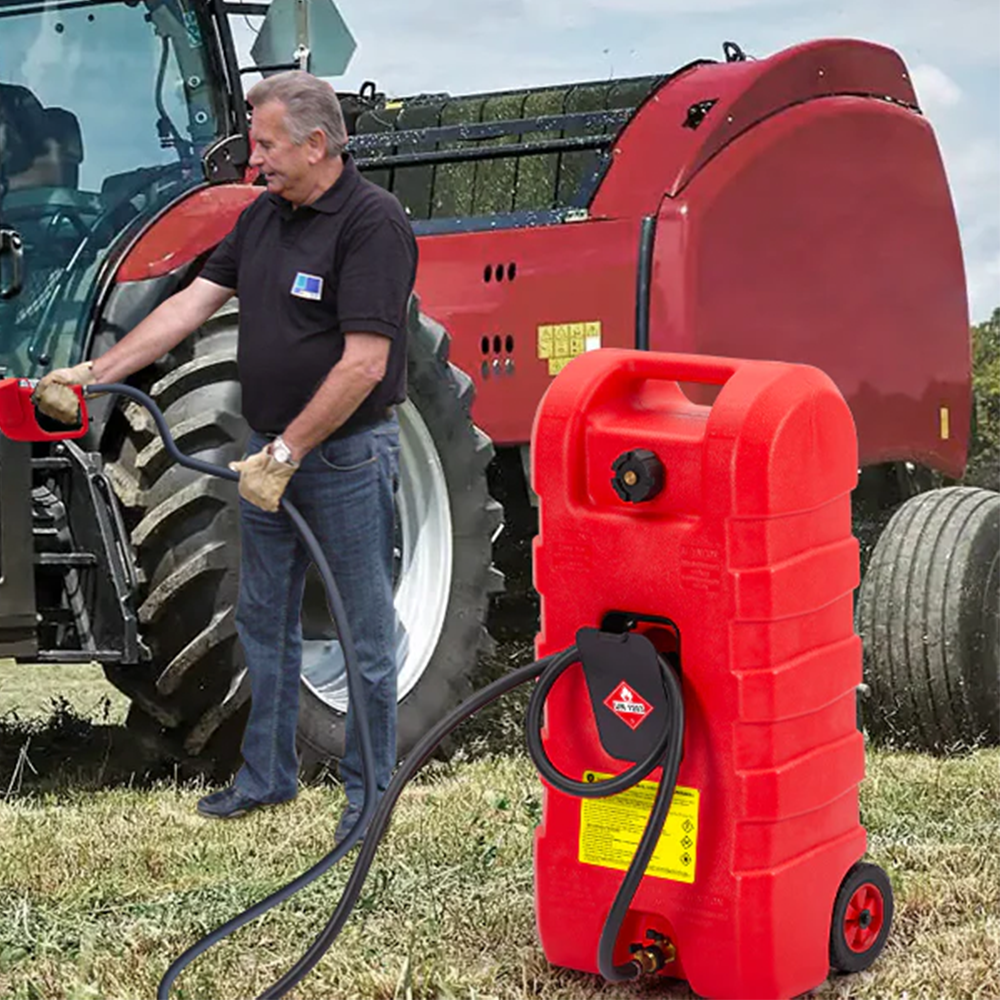 Garvee Contenedor de gasolina de 56.78L con bomba manual y manguera de 304.8cm para jardín y vehículos, HDPE antifugas, ruedas, resistente