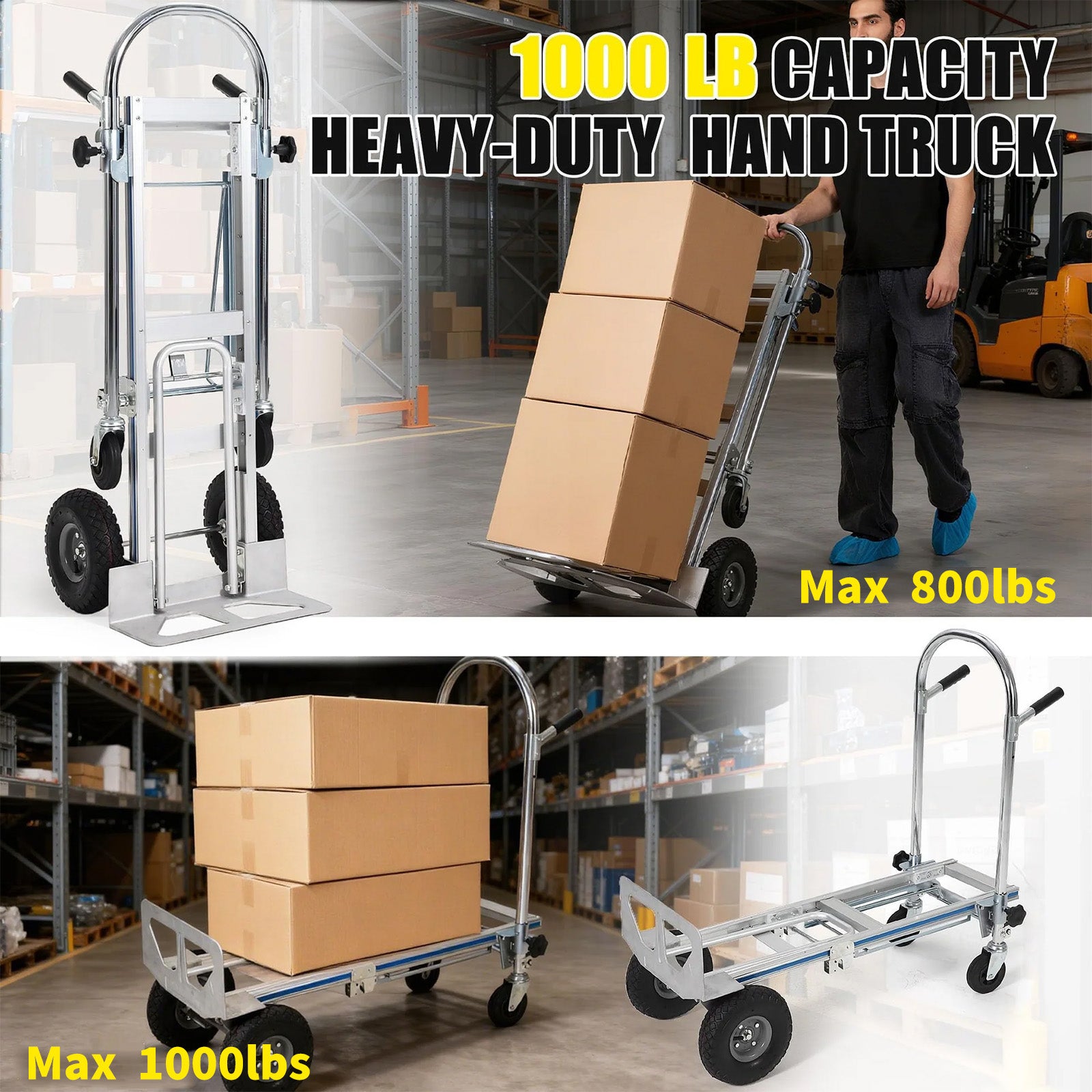 Garvee 3 en 1 Carretilla de Mano de Aluminio con Ruedas Neumáticas 454 kg, Carro de Transporte Plegable Convertible de Servicio Pesado, Fácil de Operar