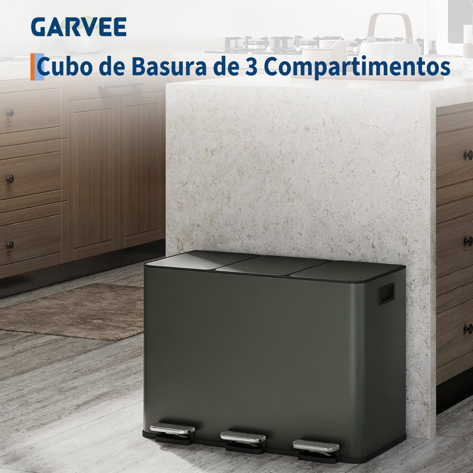 Garvee Cubo de Basura de Reciclaje 45L (3x15L), Cubo de Pedal de Acero Inoxidable Verde Salvia con 3 Compartimentos para Cocina y Oficina