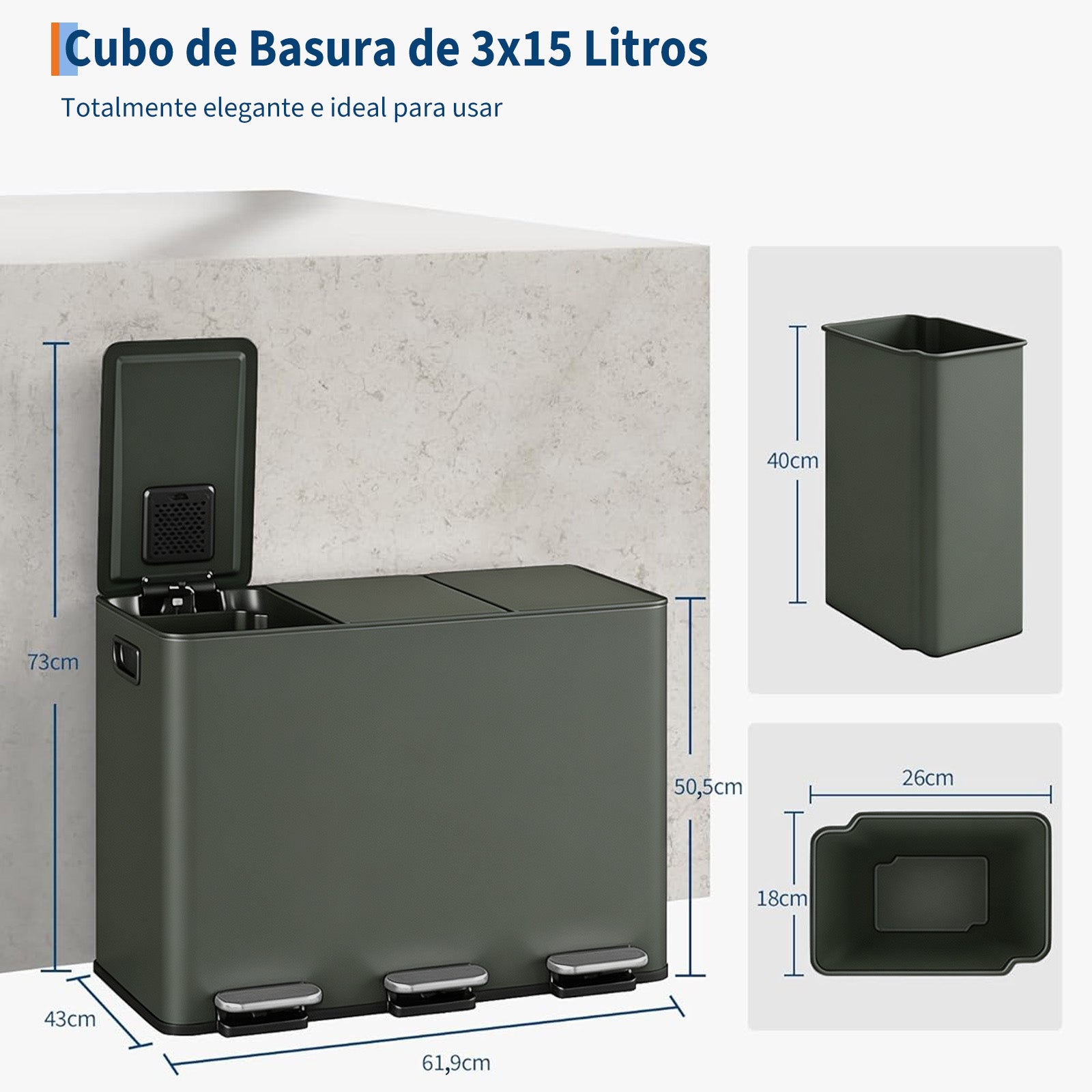 Garvee Cubo de Basura de Reciclaje 45L (3x15L), Cubo de Pedal de Acero Inoxidable Verde Salvia con 3 Compartimentos para Cocina y Oficina