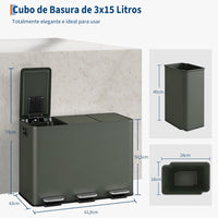 Garvee Cubo de Basura de Reciclaje 45L (3x15L), Cubo de Pedal de Acero Inoxidable Verde Salvia con 3 Compartimentos para Cocina y Oficina