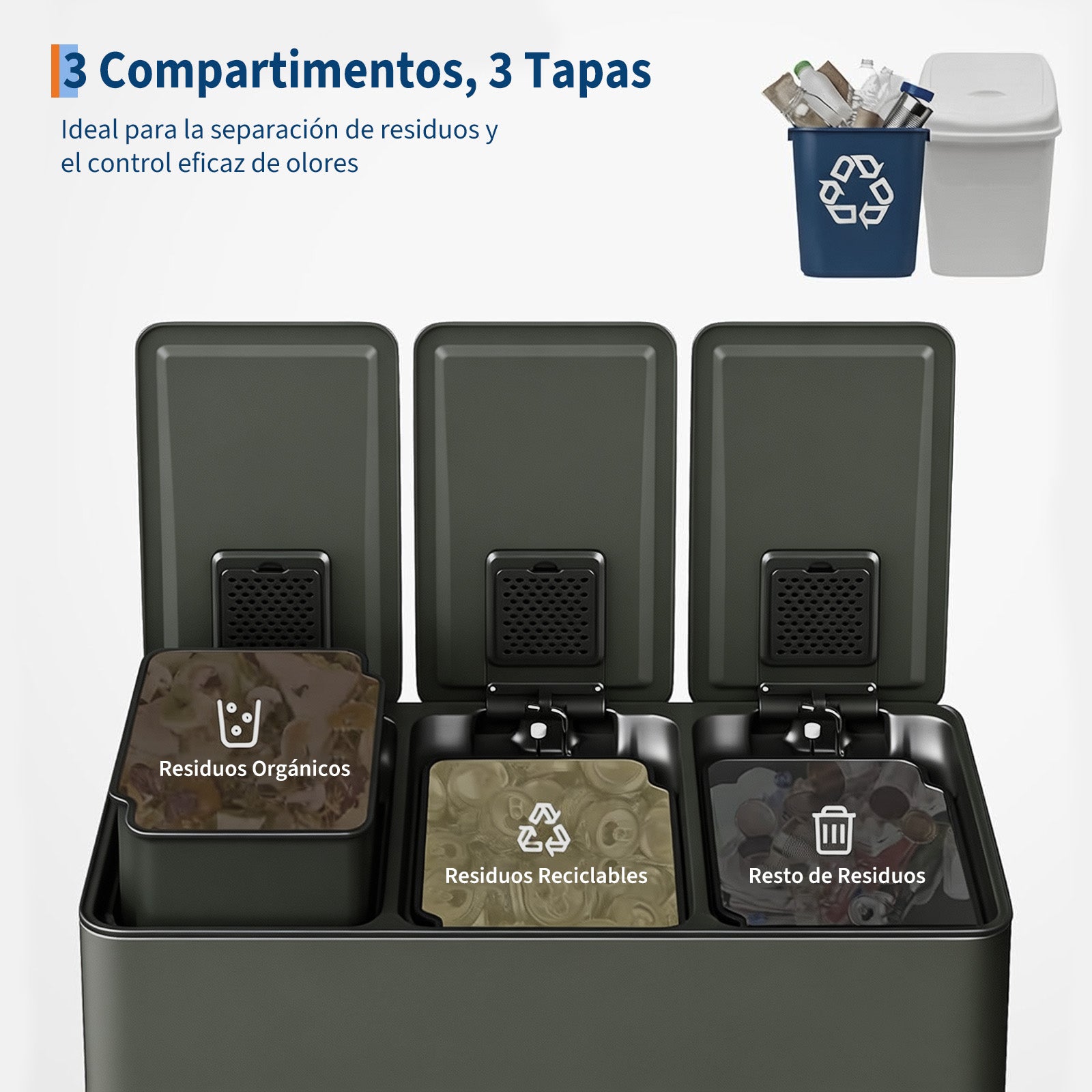 Garvee Cubo de Basura de Reciclaje 45L (3x15L), Cubo de Pedal de Acero Inoxidable Verde Salvia con 3 Compartimentos para Cocina y Oficina