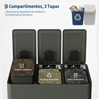 Garvee Cubo de Basura de Reciclaje 45L (3x15L), Cubo de Pedal de Acero Inoxidable Verde Salvia con 3 Compartimentos para Cocina y Oficina
