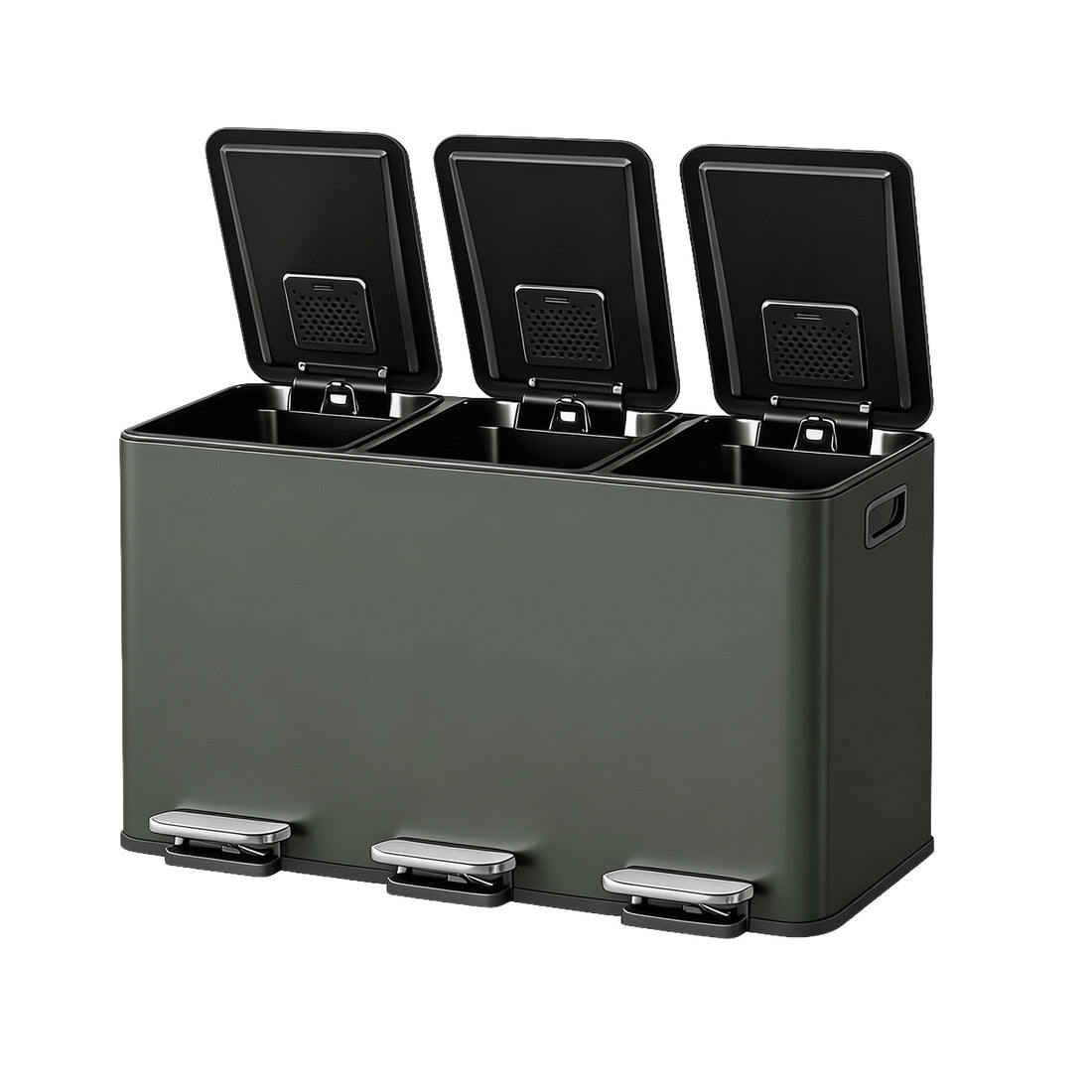Garvee Cubo de Basura de Reciclaje 45L (3x15L), Cubo de Pedal de Acero Inoxidable Verde Salvia con 3 Compartimentos para Cocina y Oficina